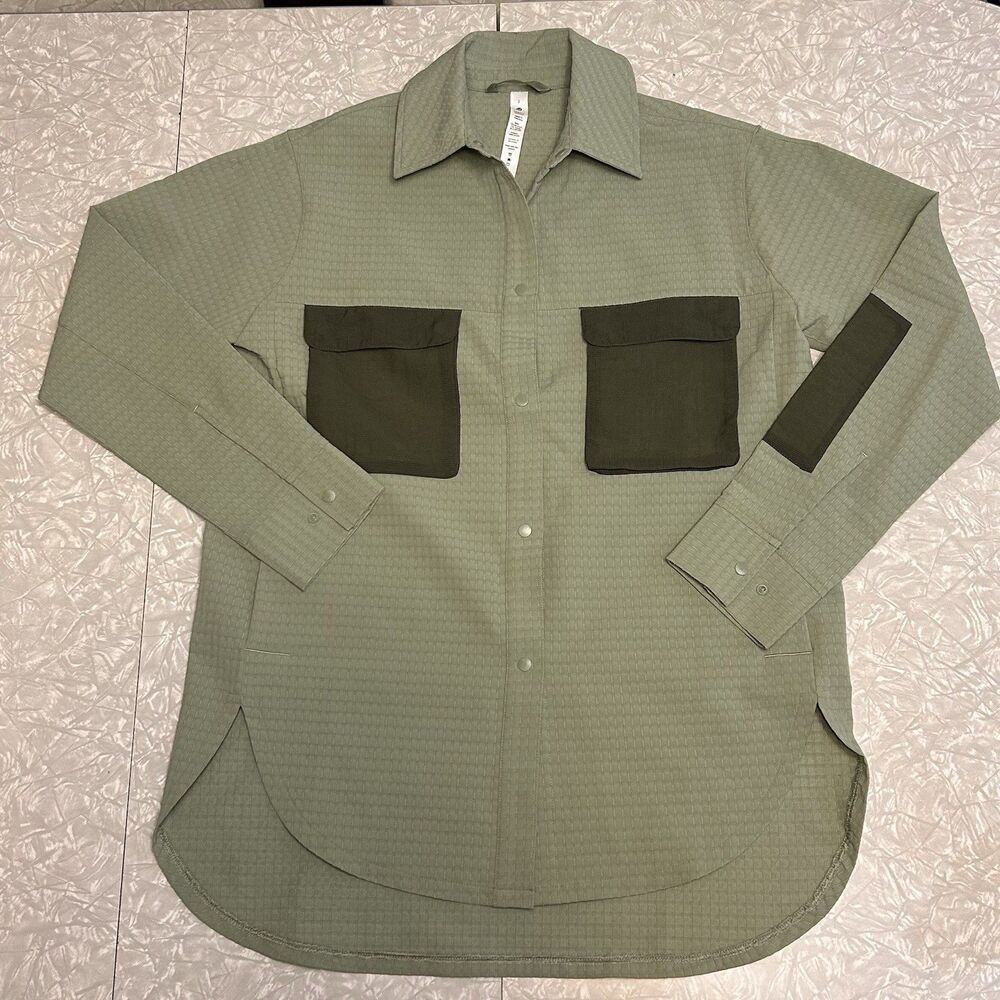 Lululemon Green Snap Button Up Outdoor Grid Fleece Hiking Overshirt women's 2